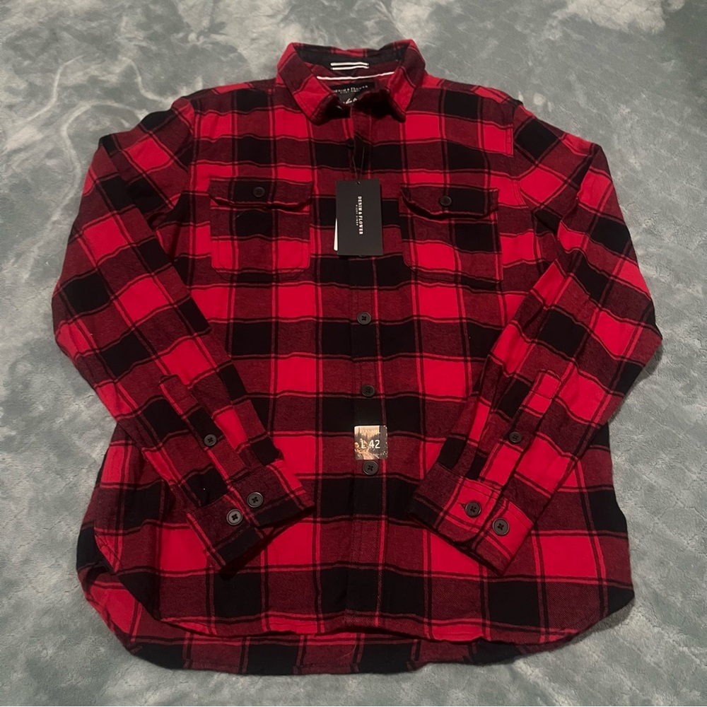 Denim &‎ Flower Ricky Singh Mens Red Black Buffalo Plaid Flannel Shirt Large NWT